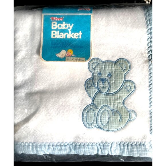 Vtg NOS Triboro Baby Receiving Blanket Blue Teddy Bear Applique Made in USA - Picture 2 of 3